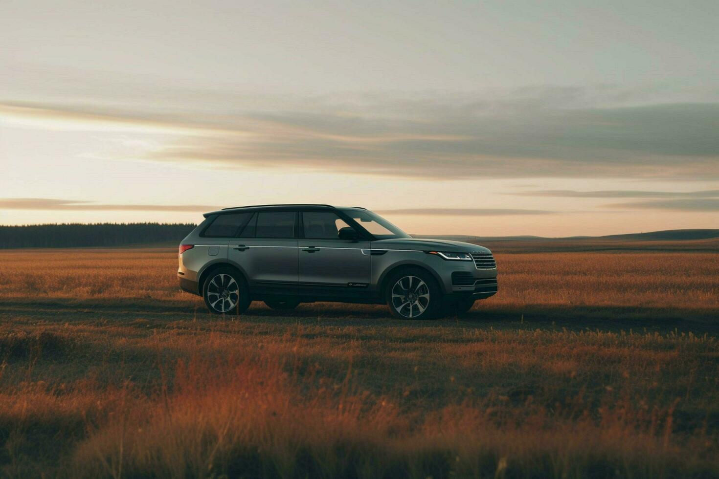 une gris suv est garé sur une route dans de face de une fiel photo