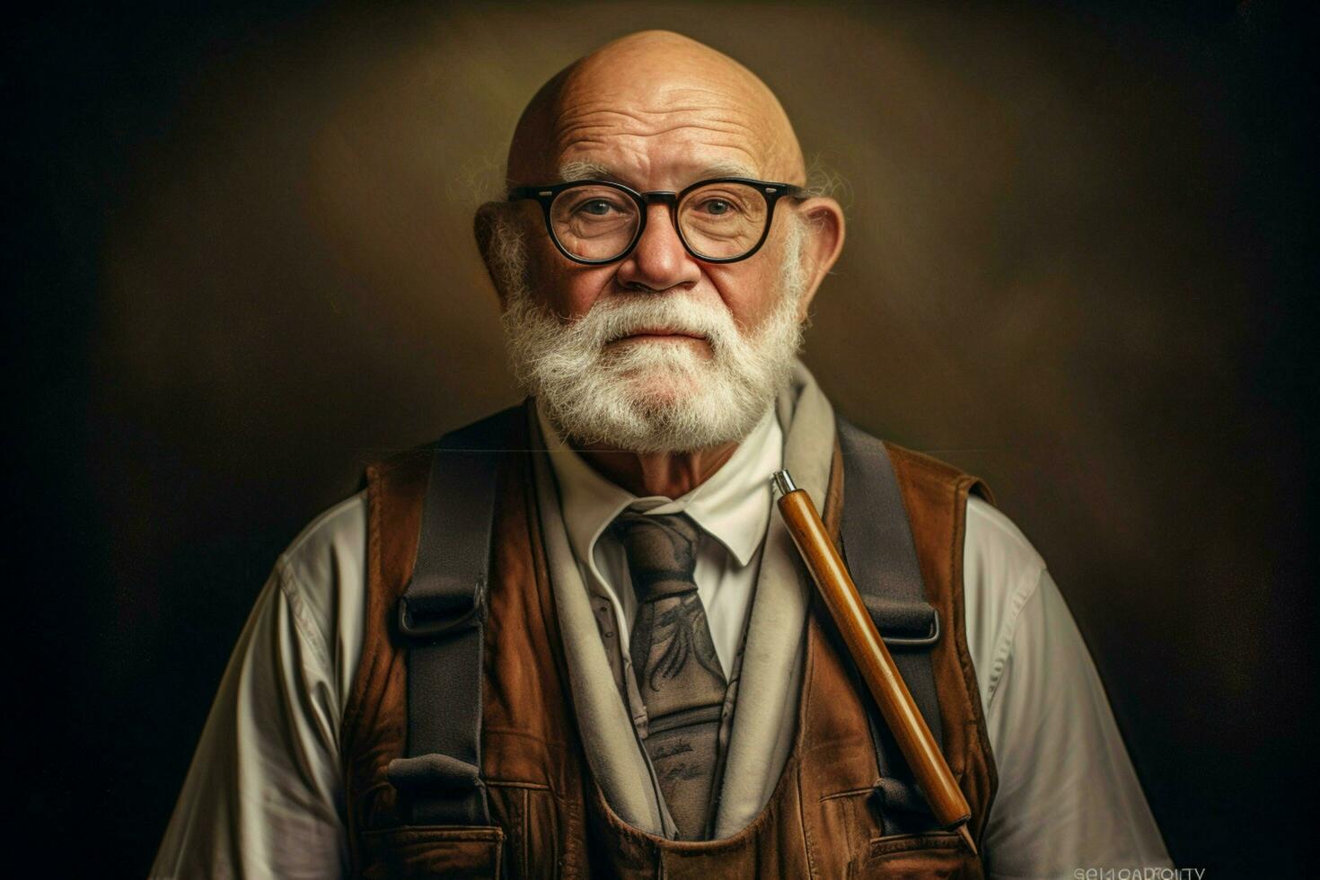 une homme avec des lunettes et une gilet cette dit une sénior photo