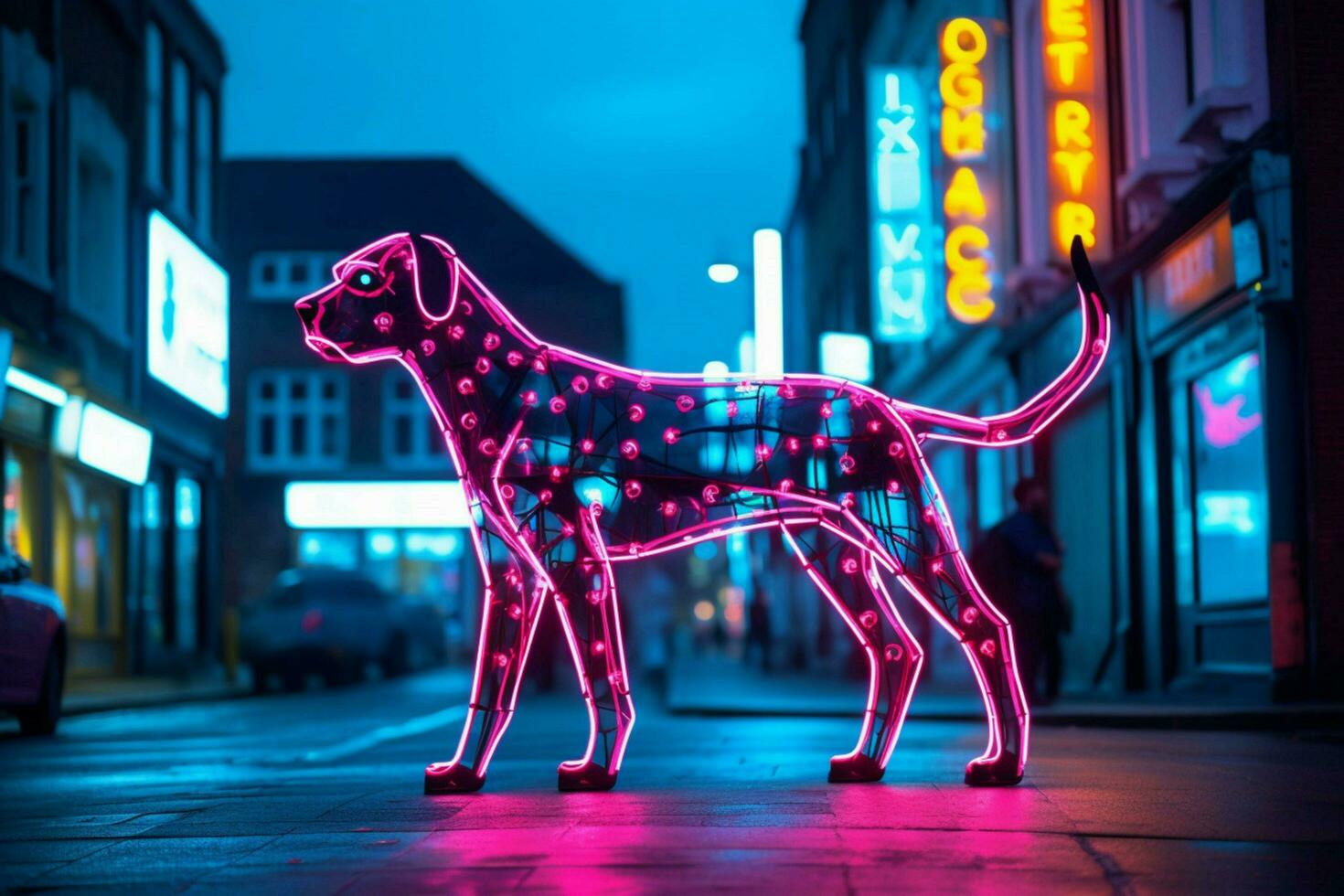 une néon léopard chien dans une ville photo