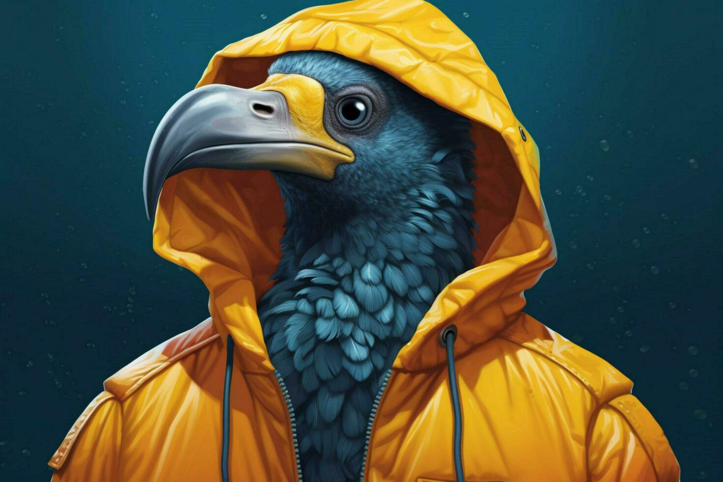 une affiche de une oiseau portant une veste et une sweat à capuche photo