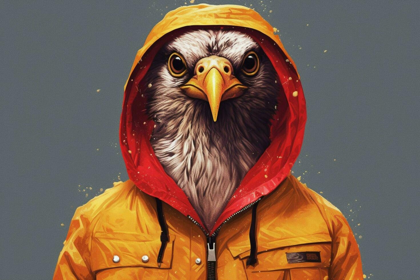 une affiche de une oiseau portant une veste et une sweat à capuche photo