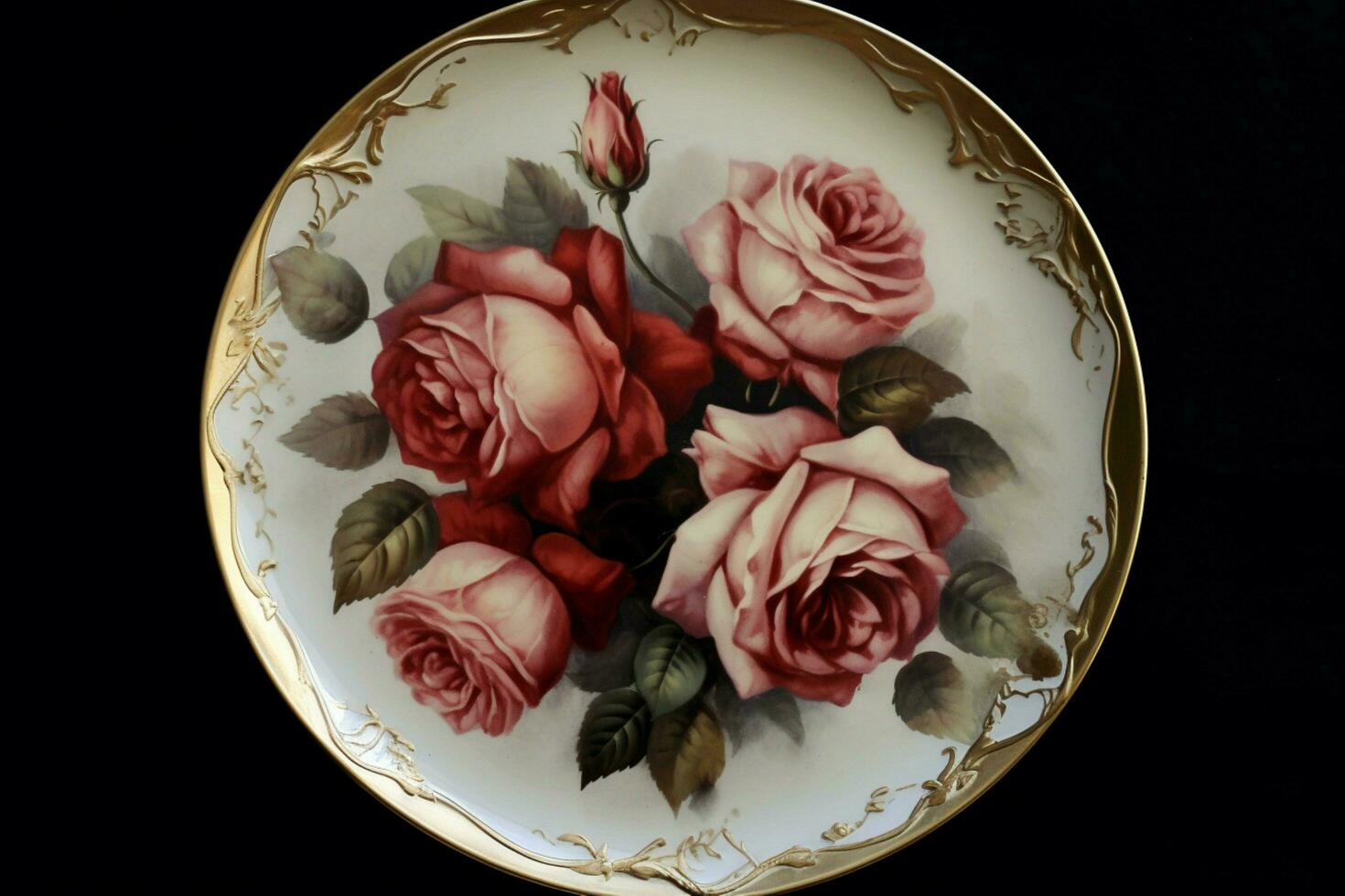 une rond assiette avec des roses sur il et une or jante photo