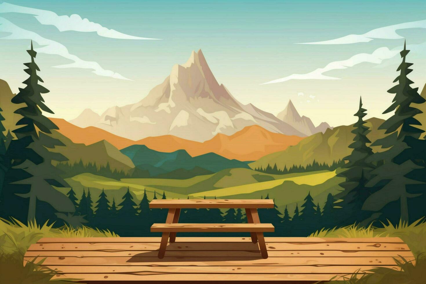 une scénique Montagne vue derrière une en bois table illu photo