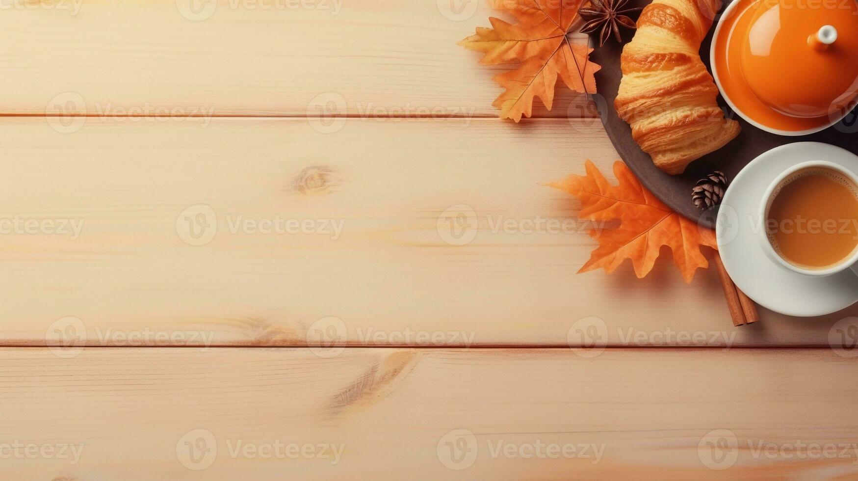 op vue de une confortable scène de action de grâces journée repas sur une lumière Orange en bois table avec espace pour texte, création une chaud atmosphère et une place pour texte le long de le bord. ai généré. photo