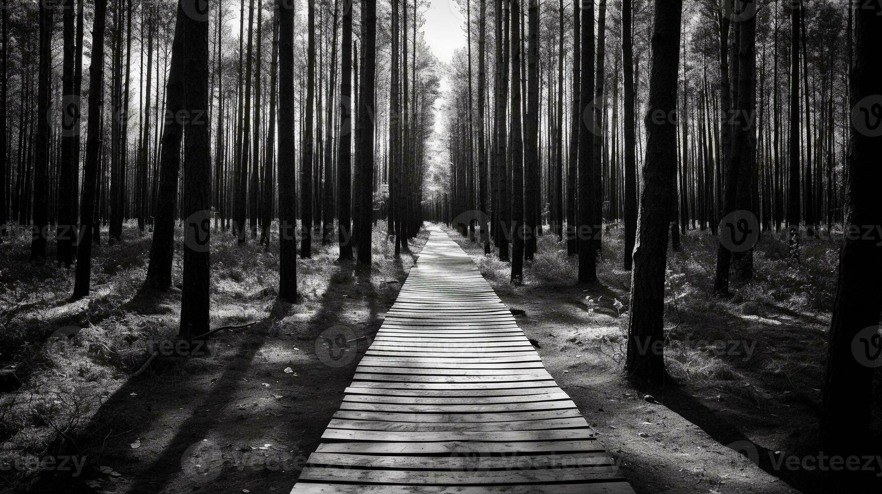 une noir et blanc image de une en bois planche sentier dans une forêt, soulignant le contraste entre le foncé et lumière bois céréales. ai généré. photo