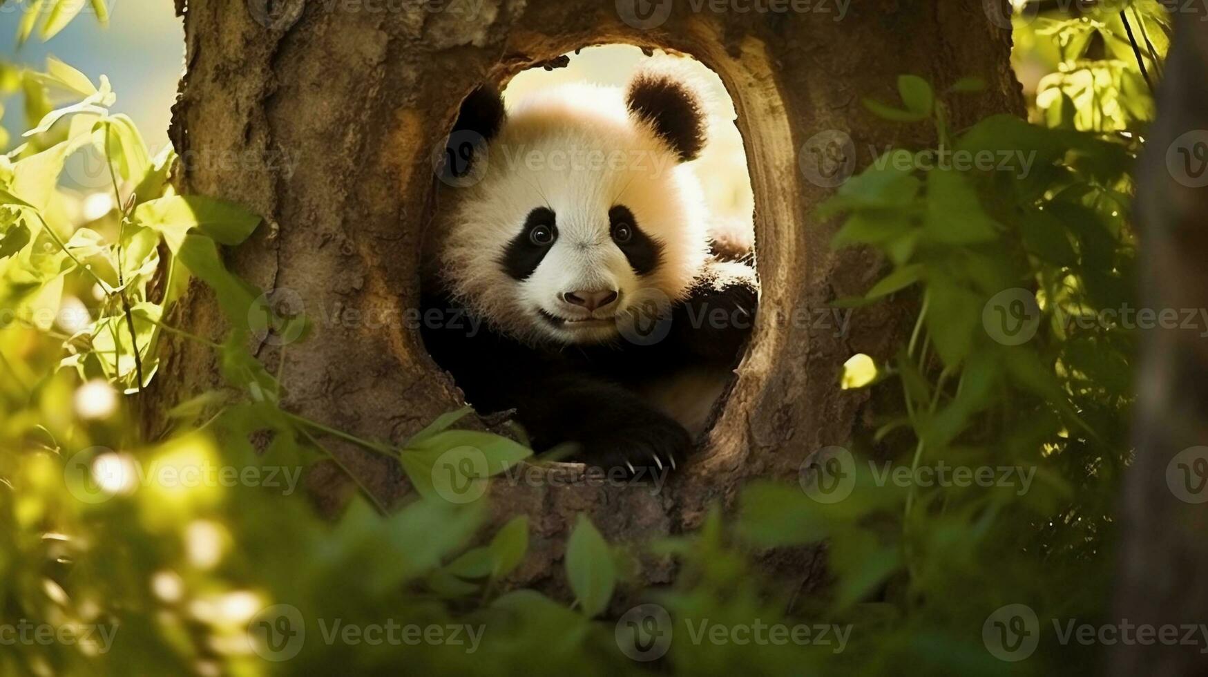 une réconfortant Capturer de une bébé Panda lionceau niché dans une confortable creux de une arbre, avec pommelé lumière du soleil filtration par le feuillage, création une serein atmosphère pour texte placement. ai généré. photo