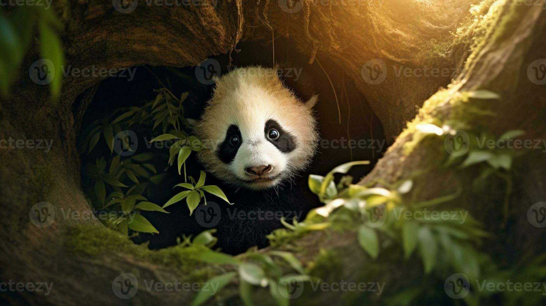 une réconfortant Capturer de une bébé Panda lionceau niché dans une confortable creux de une arbre, avec pommelé lumière du soleil filtration par le feuillage, création une serein atmosphère pour texte placement. ai généré. photo