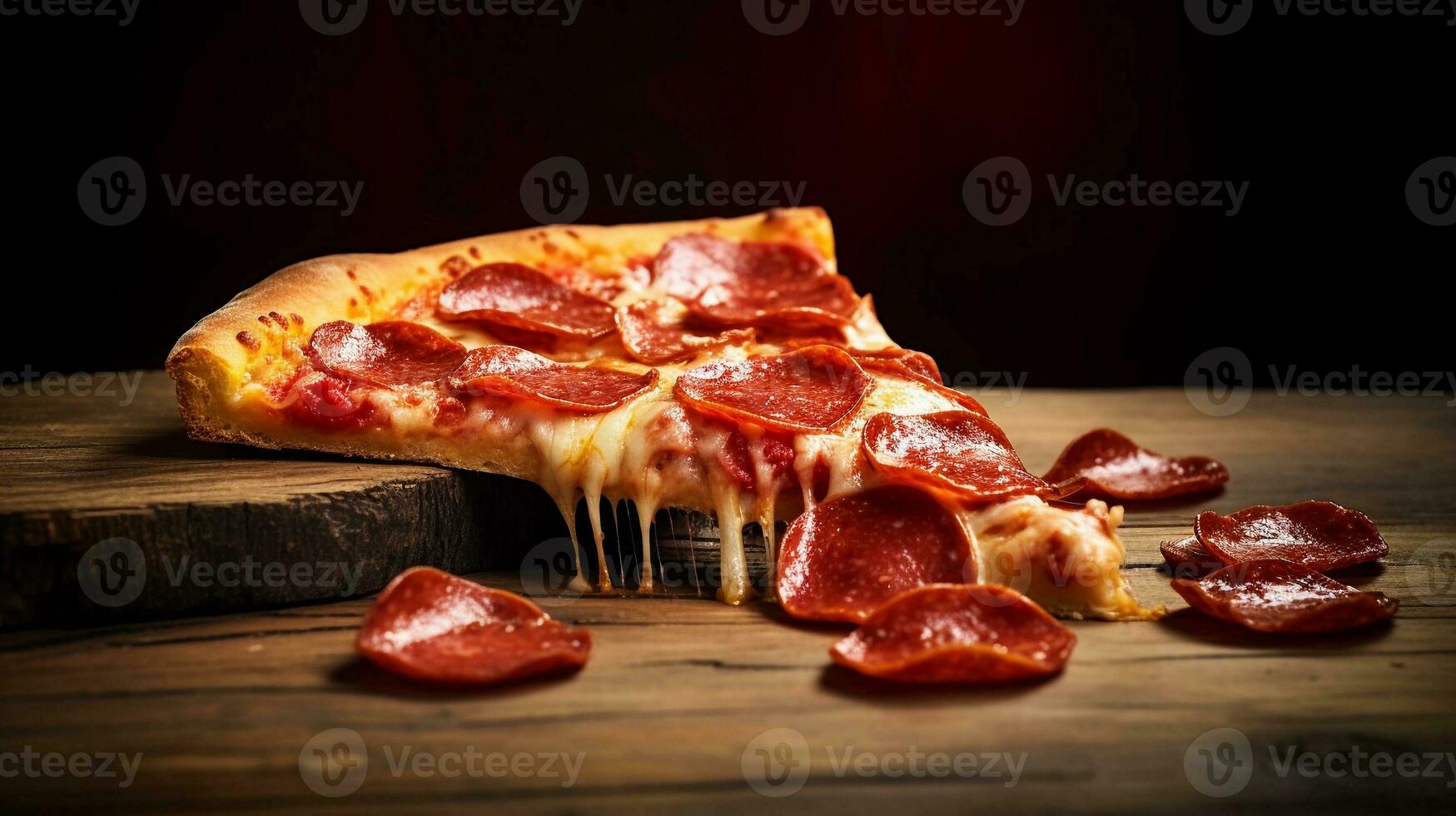 une l'eau à la bouche tranche de pepperoni Pizza sur une en bois Pizza peler, mis contre une rustique brique mur, création une visuellement attirant scène avec pièce pour texte. ai généré. photo