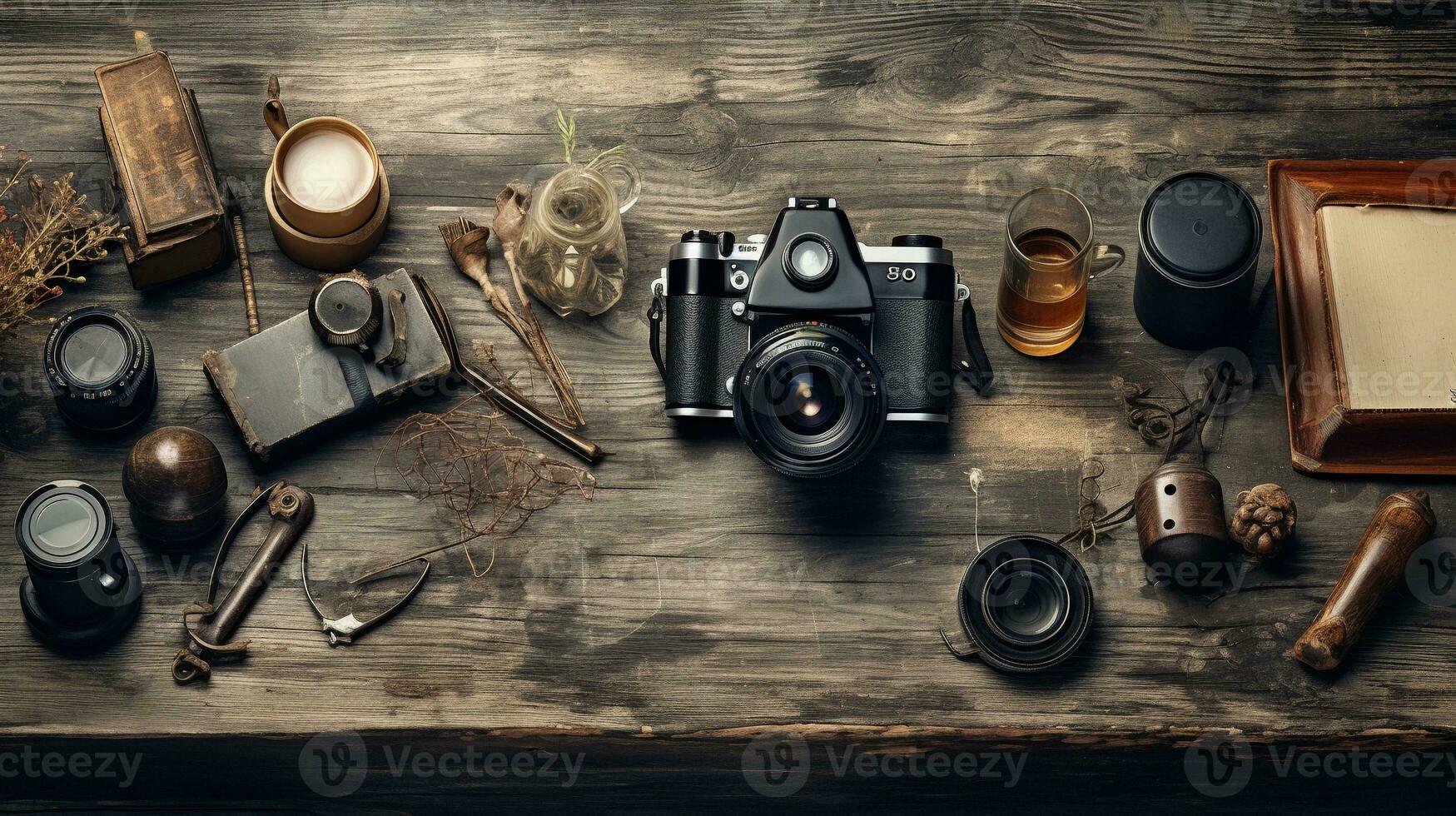 une du photographe espace de travail avec une caméra, lentilles, et ancien la photographie équipement, situé contre une patiné en bois Contexte avec une patine, ai généré photo