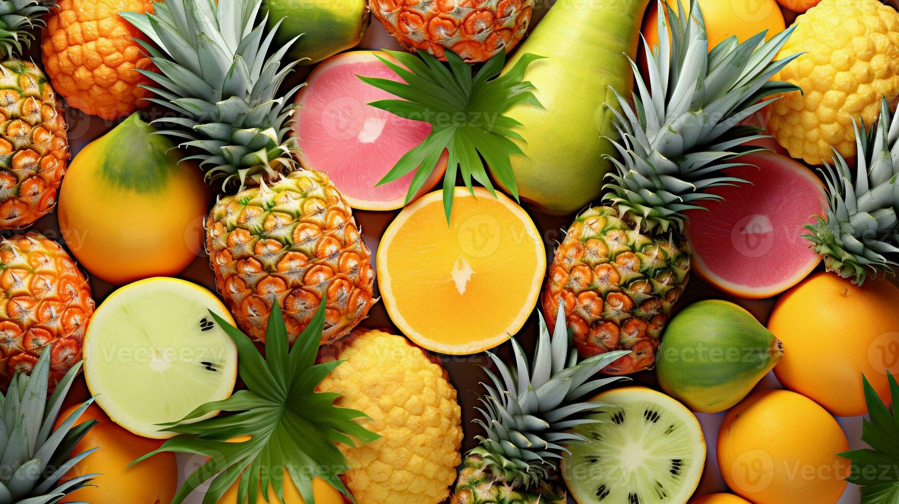 une vibrant fond d'écran modèle de tropical des fruits comme Ananas, mangues, et Kiwis sur une subtilement texturé pastel arrière-plan, ai généré. photo