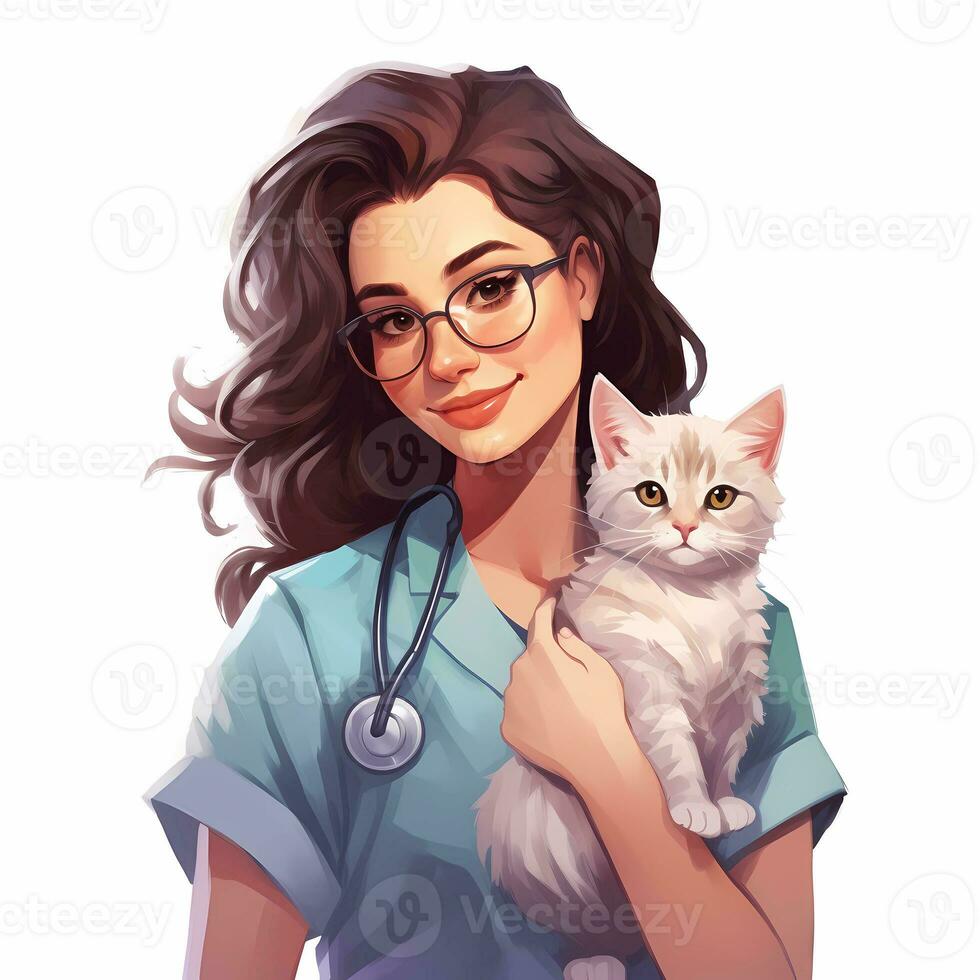 illustration de infirmière en portant une chat, pastel tétradique couleurs, mignonne et excentrique, fantaisie art, aquarelle effet, blanc Contexte. ai généré photo