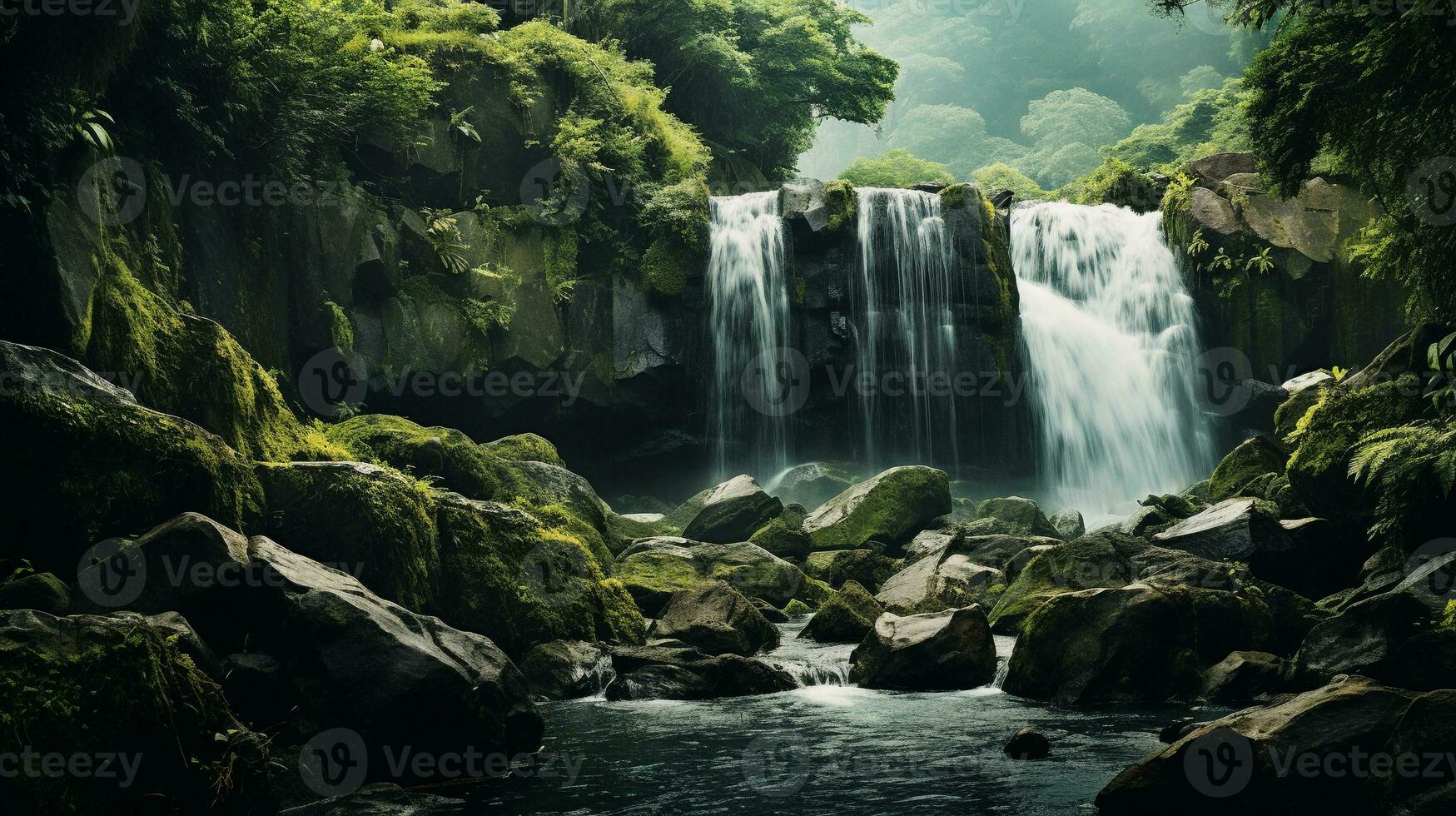 une fascinant image de une serein cascade entouré par luxuriant verdure avec espace pour texte, avec une texturé rocheux toile de fond. ai généré photo