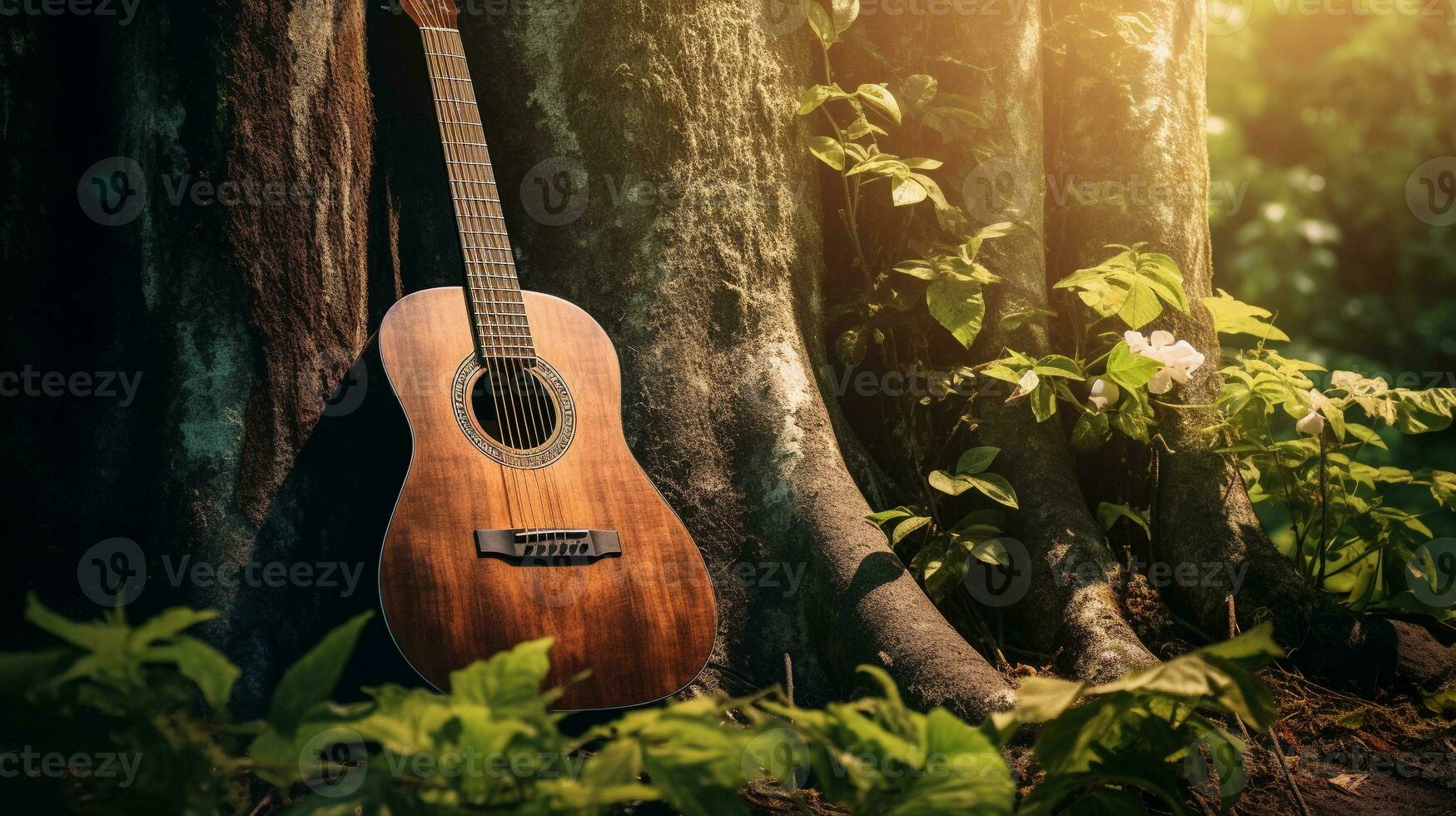 un artistique composition avec un acoustique guitare au milieu de la nature avec espace pour texte, avec une texturé Contexte de feuilles ou arbre aboyer. ai généré photo