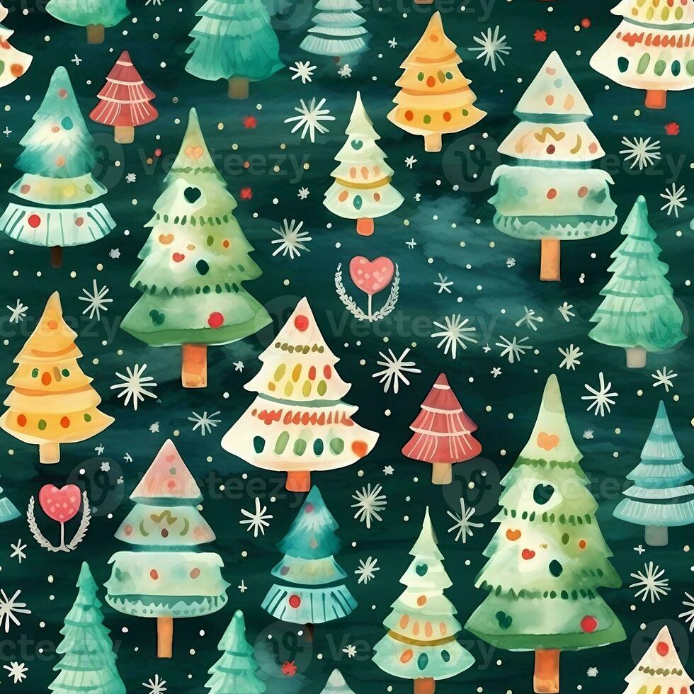 une ancien espiègle art conception de Noël des arbres et décorations modèle, dessin animé style, aquarelle style, sans couture modèle, ai généré photo