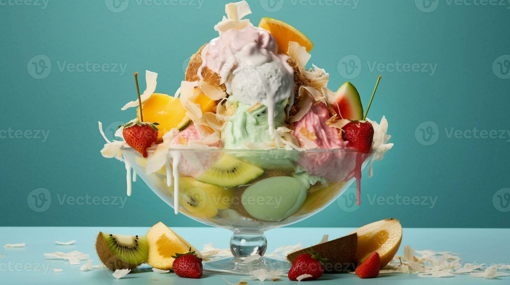 une visuellement attirant composition mettant en valeur une à thème tropical la glace crème sundae avec exotique des fruits, noix de coco copeaux, et couleur pastel garnitures, Contexte image, ai généré photo