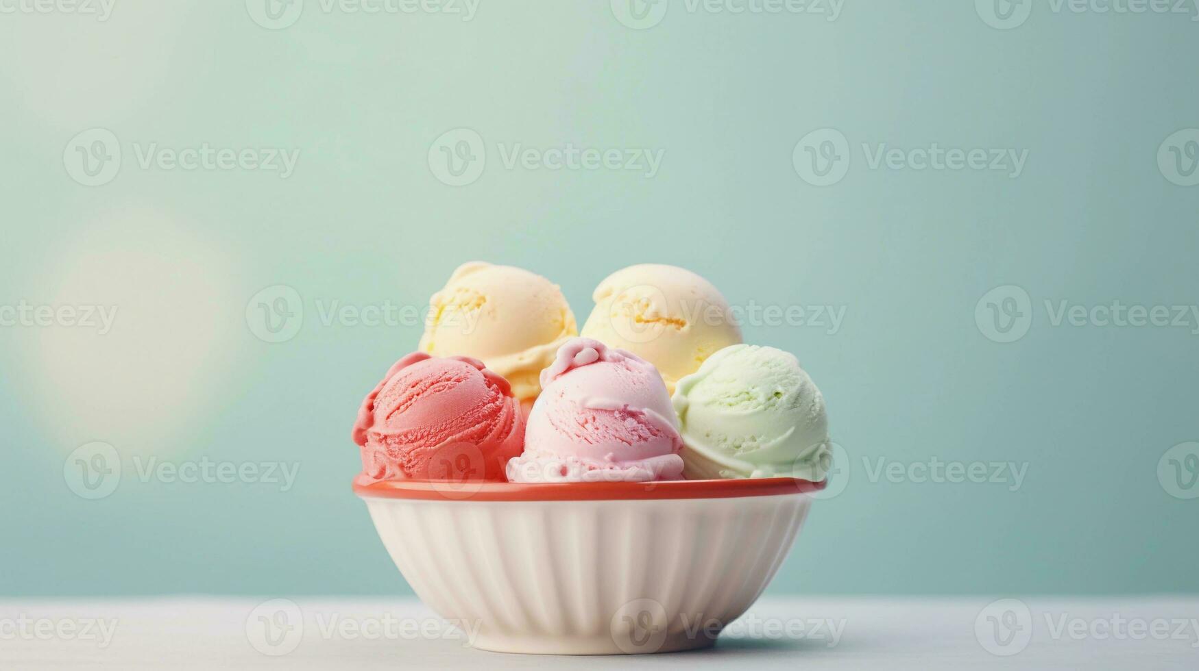 un image avec boules de crémeux, couleur pastel la glace crème arrangé magnifiquement dans une bol ou cône, ensemble contre une doux pastel arrière-plan, Contexte image, ai généré photo