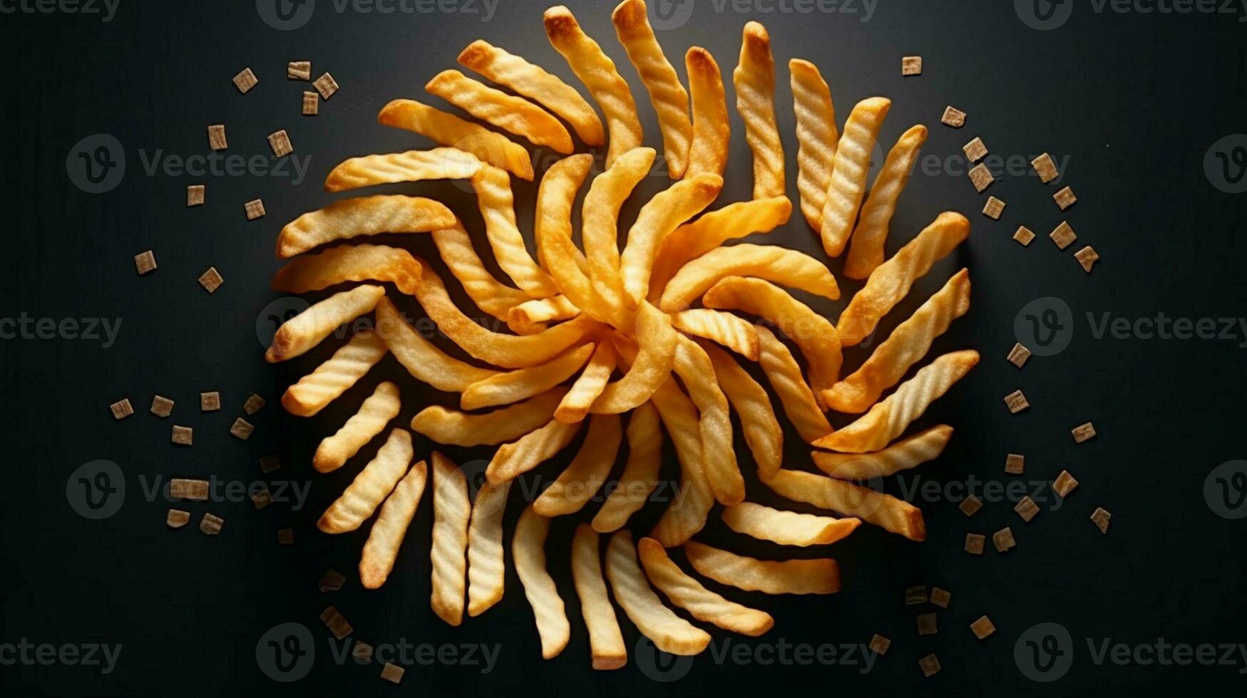 une Créatif composition de français frites arrangé dans une spirale modèle sur une sombre, texturé arrière-plan, avec pièce pour texte, Contexte image, génératif ai photo