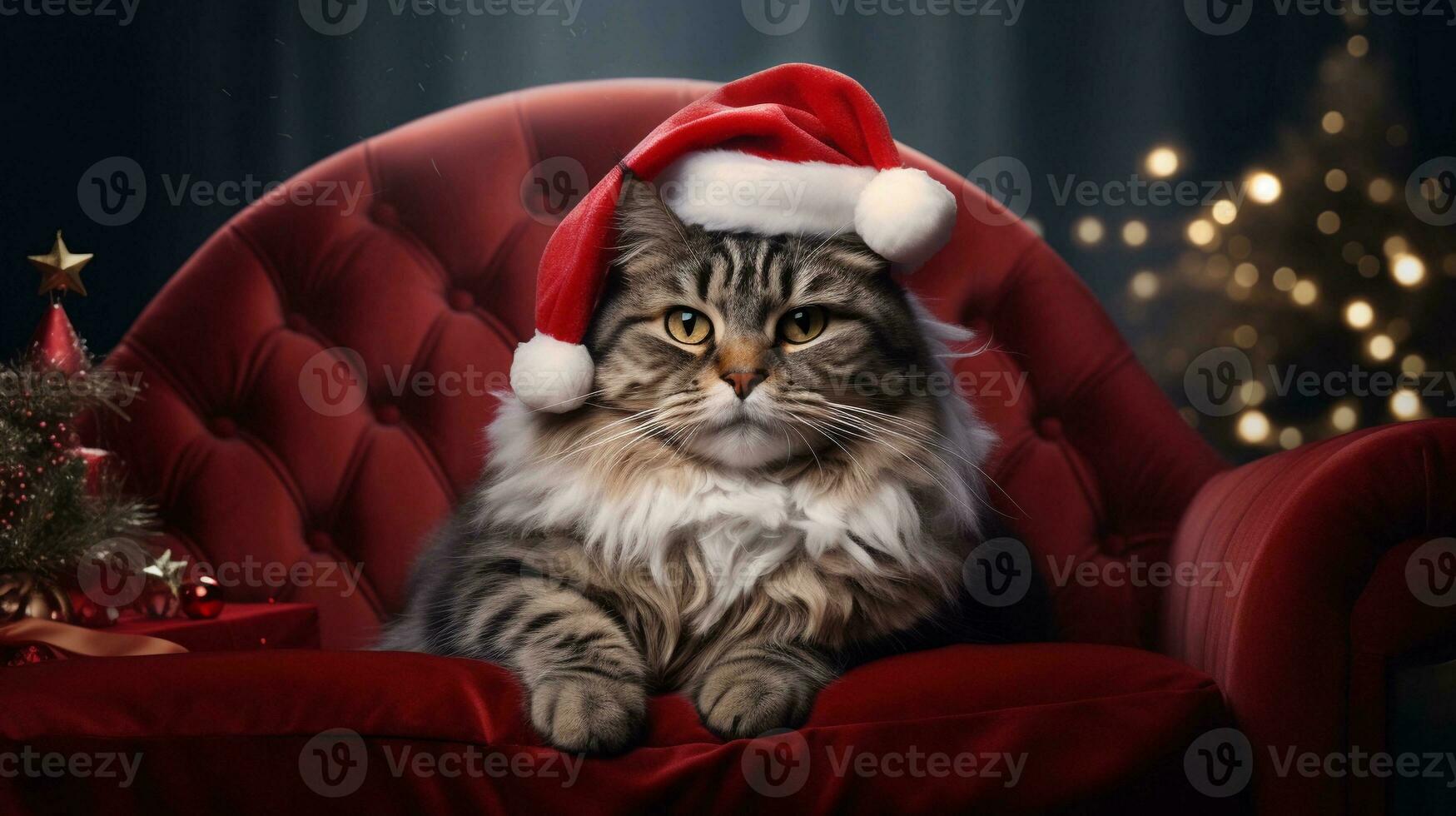 une royal chat portant une Père Noël chapeau et posé sur une velours coussin avec espace pour texte, Contexte image, génératif ai photo