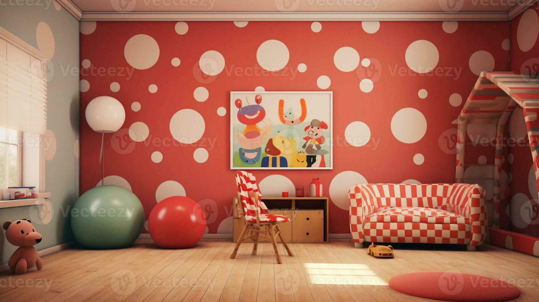 une scène illustrant polka points comme partie de une espiègle enfants environnement, tel comme une garderie ou Salle de classe, fournir espace pour texte, Contexte image, génératif ai photo