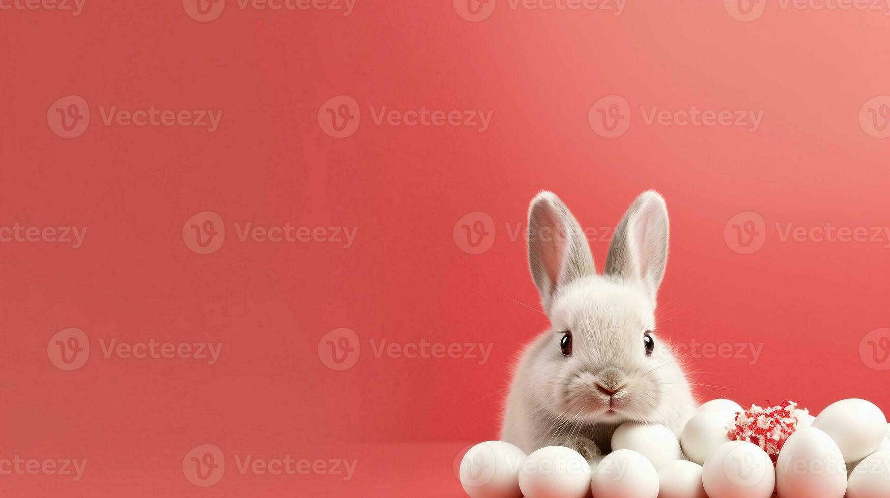 mignonne Pâques lapins sur une lumière rouge Contexte avec espace pour texte sur le côté, Contexte image, génératif ai photo