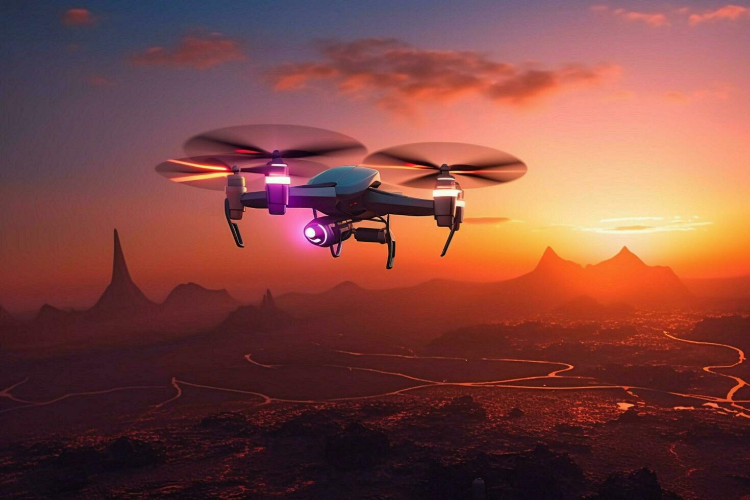 futuriste drone capture aérien vue à le coucher du soleil photo