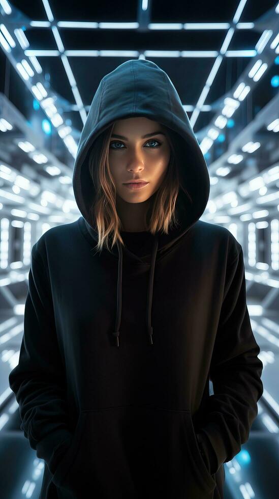 Jeune fille portant noir sweat à capuche avec cyberpunk style. génératif ai photo