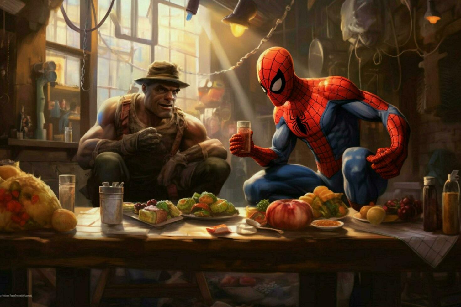 homme araignée avec héros ami manger nourrituredessin animé style photo