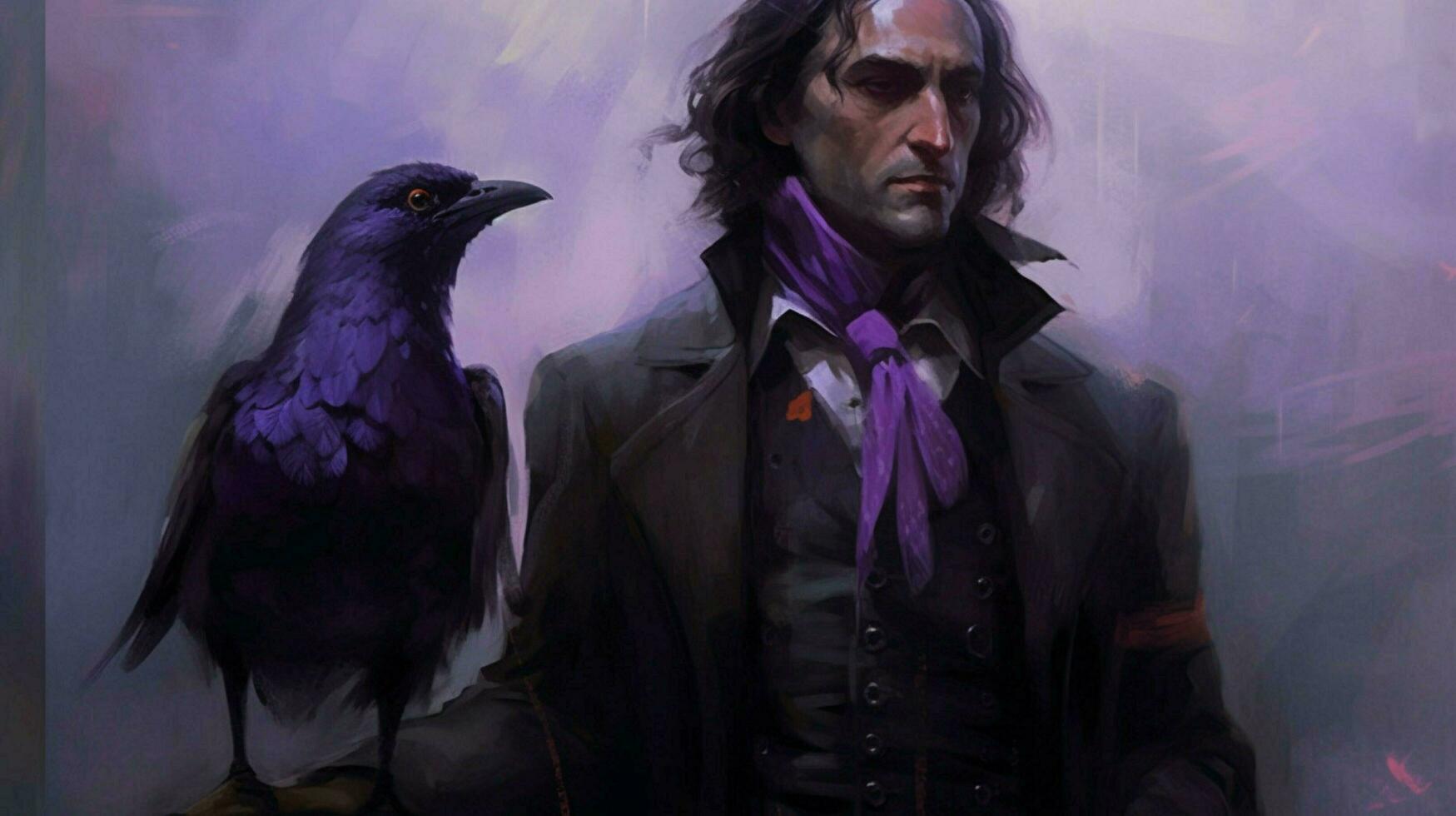 une oiseau avec une violet gilet et une noir corbeau sur il photo