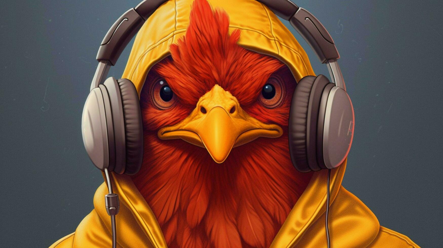 une dessin animé poulet avec une capuche et écouteurs photo