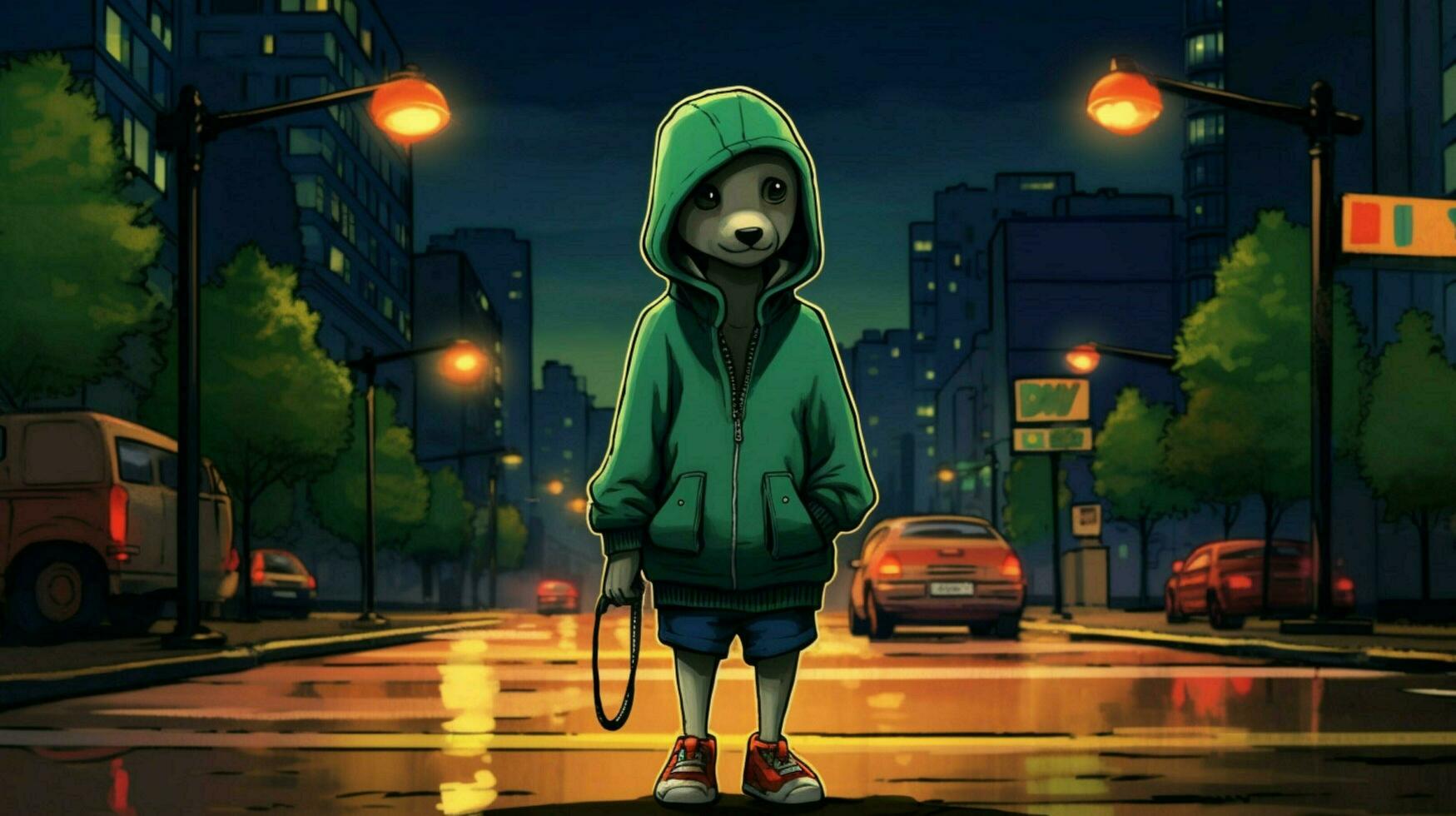 une dessin animé chien avec une vert sweat à capuche et une vert hoo photo