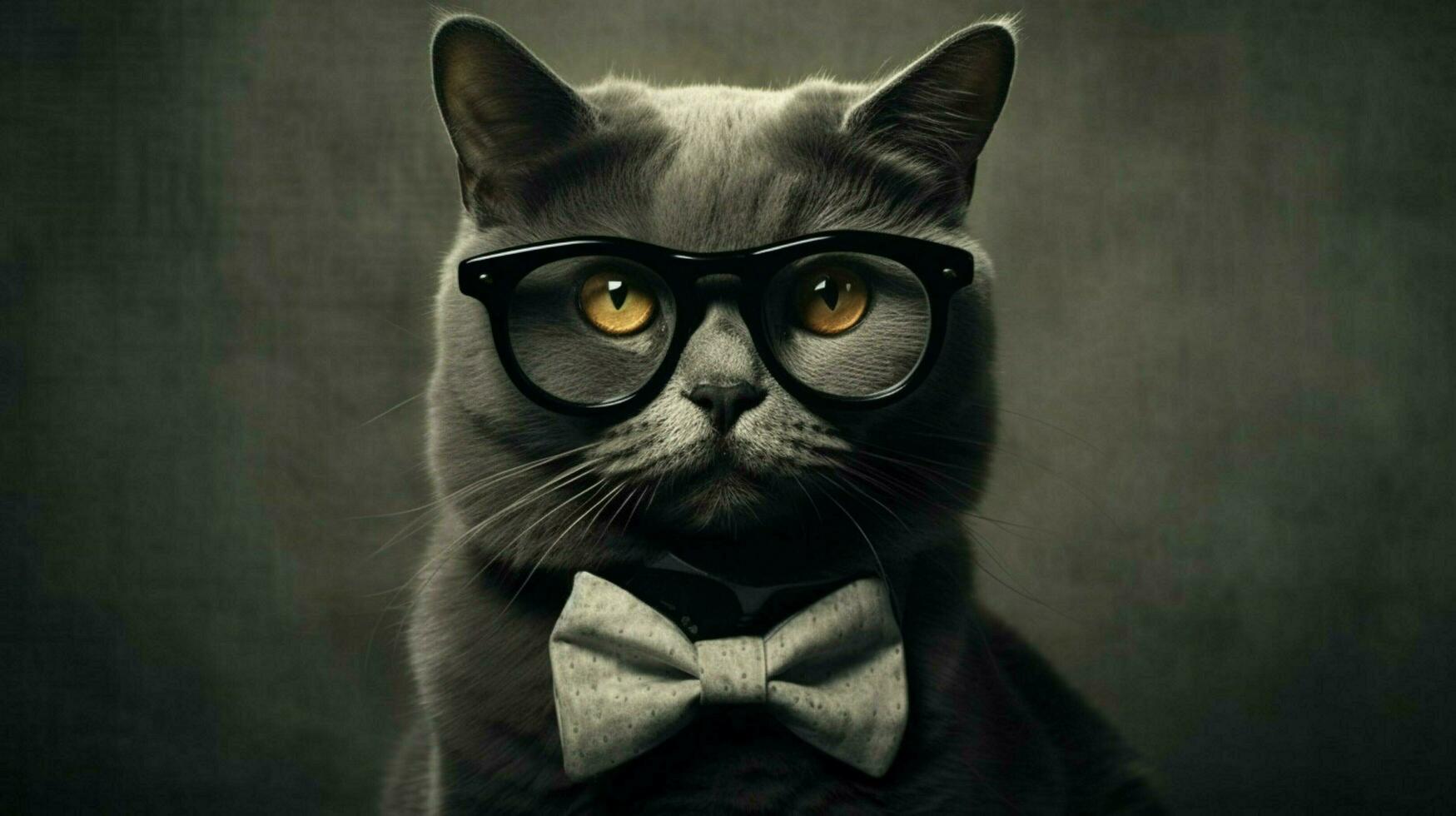 une chat avec une noir bordé des lunettes et une noir arc photo