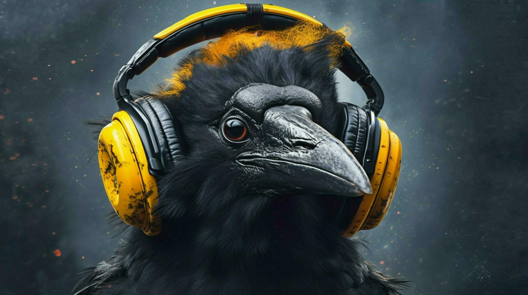 une corbeau avec écouteurs sur le sien tête photo