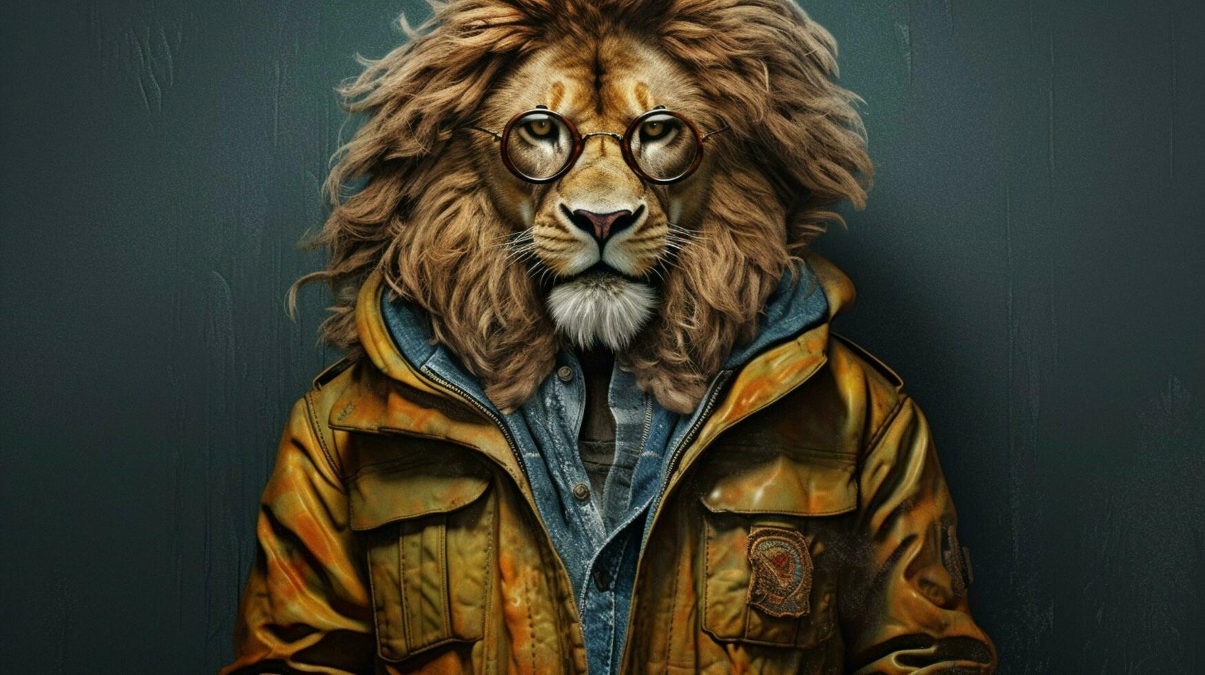 une Lion avec une veste et des lunettes photo
