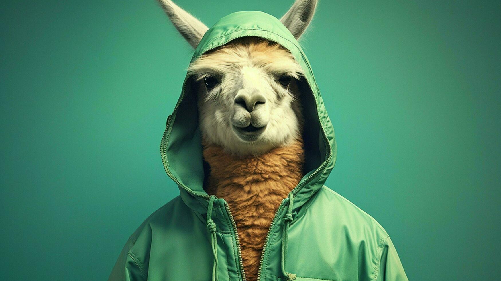 une lama dans une vert veste et vert sweat à capuche photo