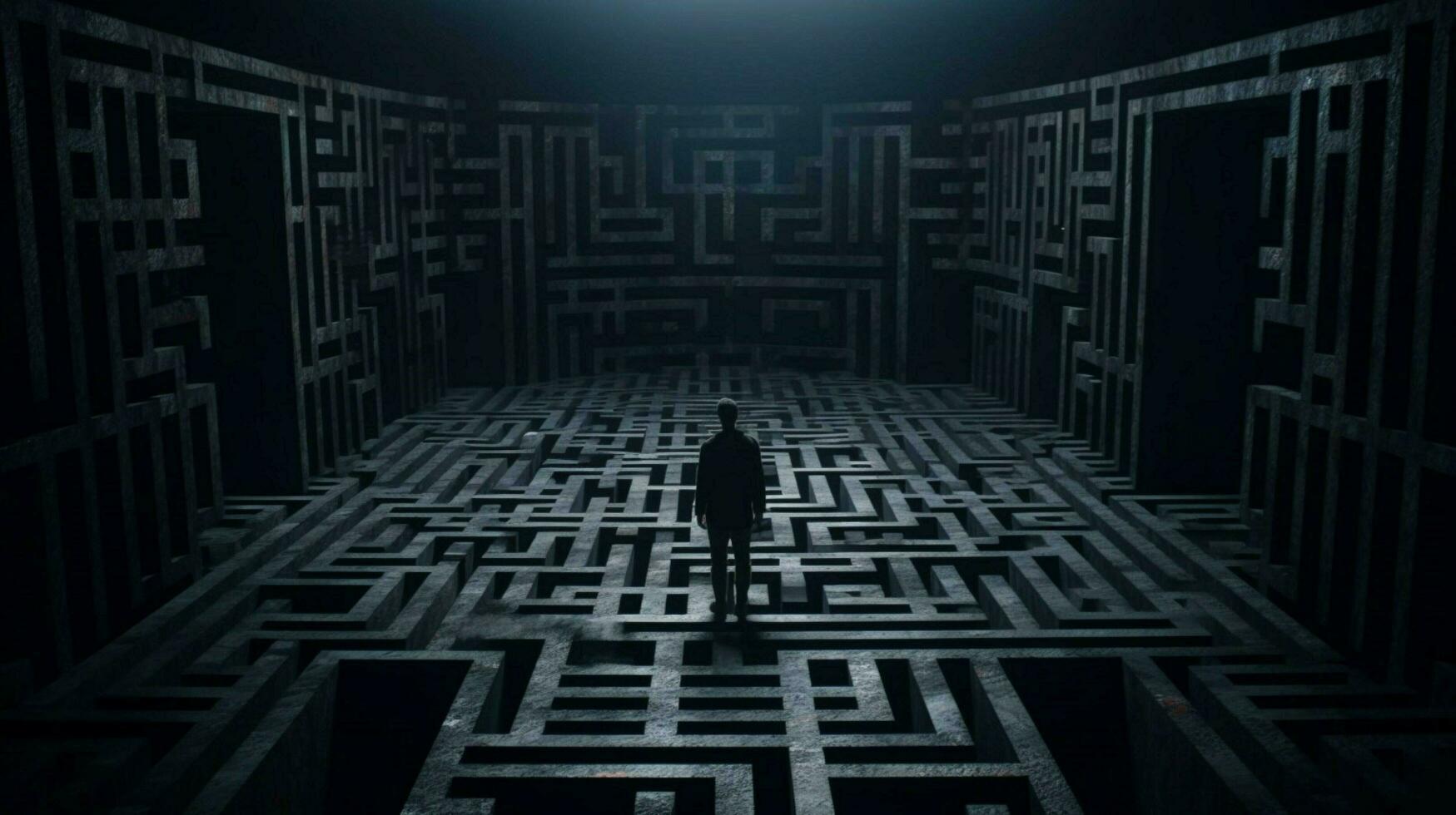 une homme des stands dans une foncé pièce avec une grand Labyrinthe sur photo