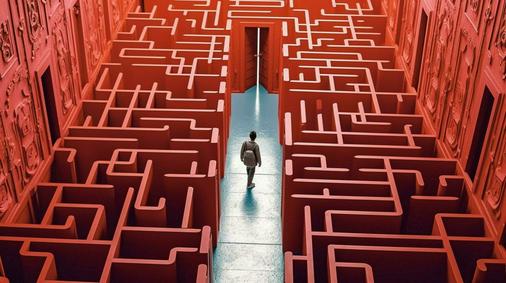 une homme des promenades par une Labyrinthe avec le porte ouvert photo