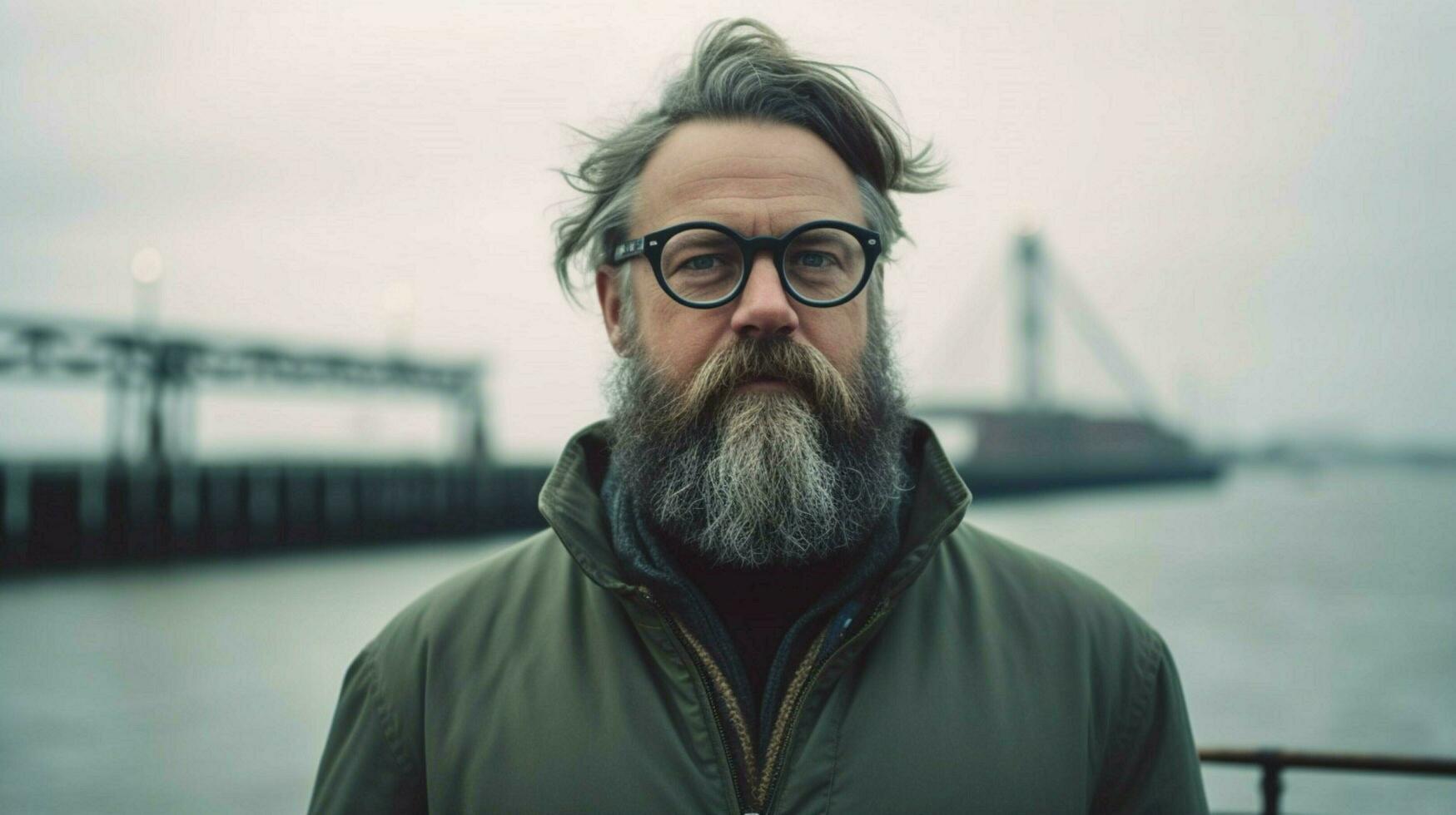 une homme avec une barbe et des lunettes des stands sur une jetée photo