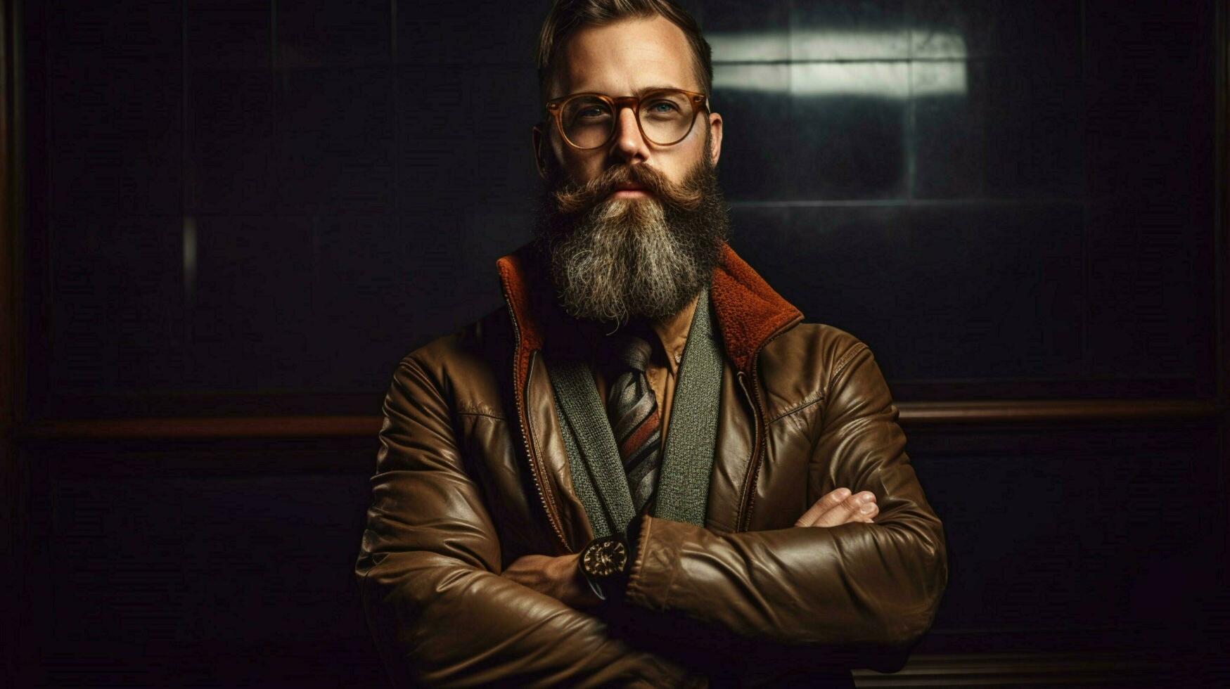 une homme avec une barbe portant des lunettes et une veste photo