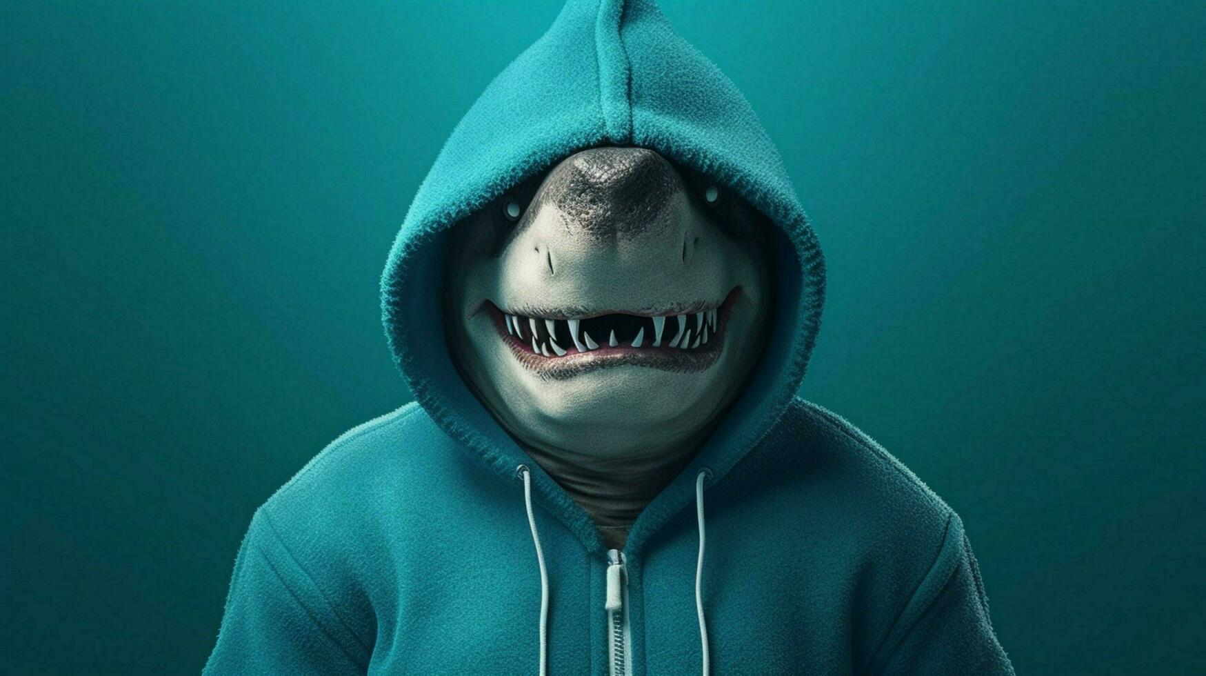 une requin dans une sweat à capuche avec le des noms sur il photo