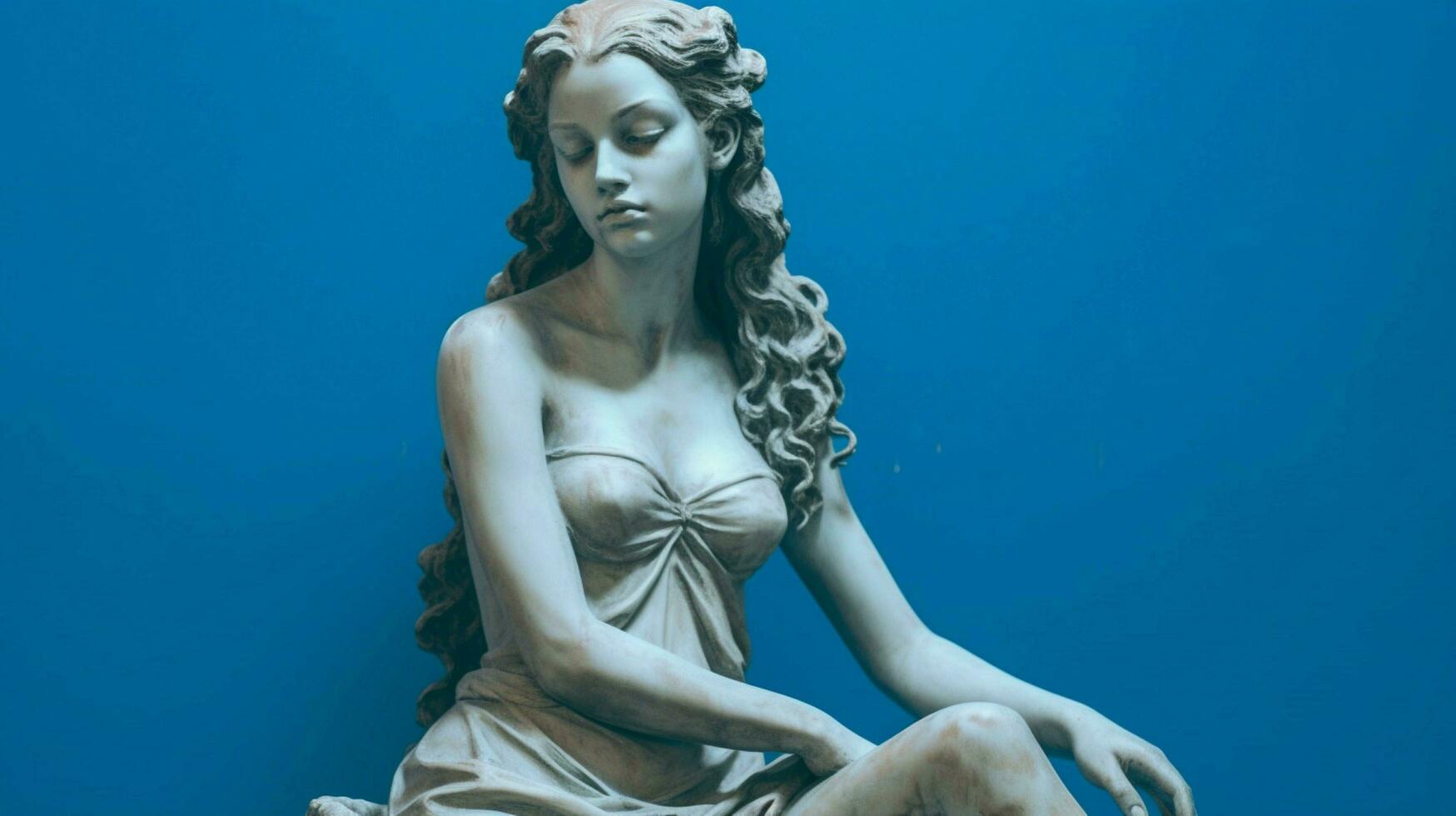 une statue de une fille avec une bleu Contexte photo