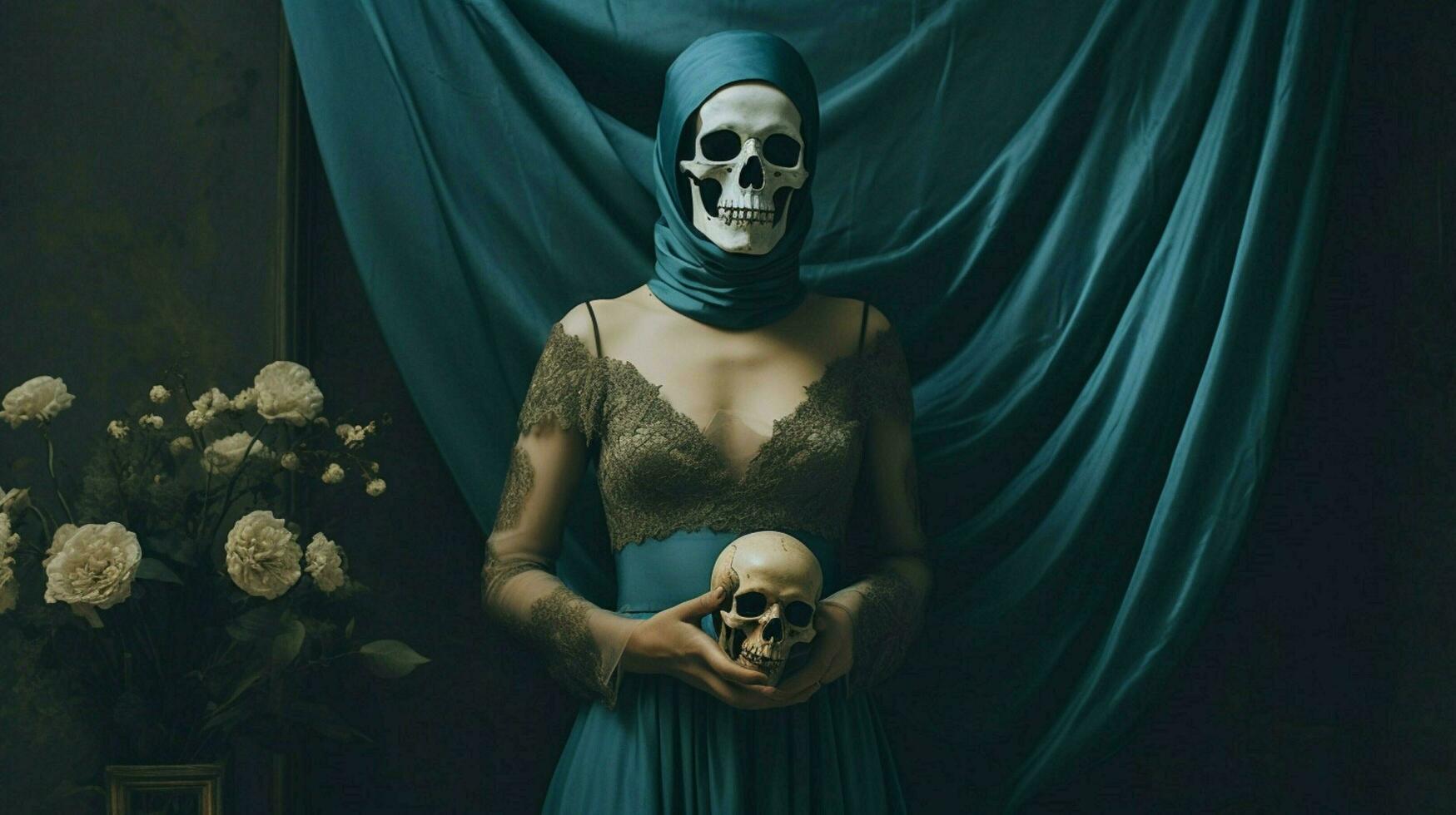 une femme dans une bleu robe avec une crâne masque sur sa photo