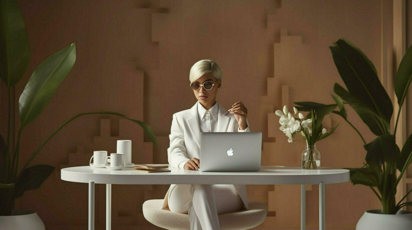 une femme dans une blanc costume est séance à une bureau et photo