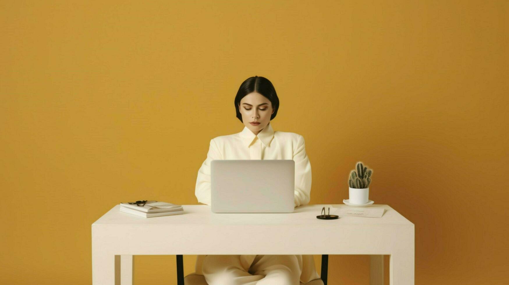 une femme dans une blanc costume est séance à une bureau et photo