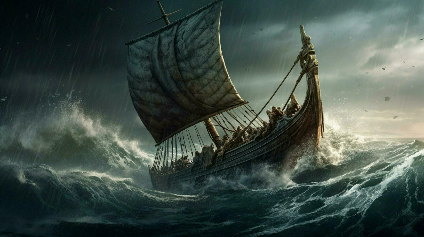 orageux océan avec viking navire se battre vagues photo