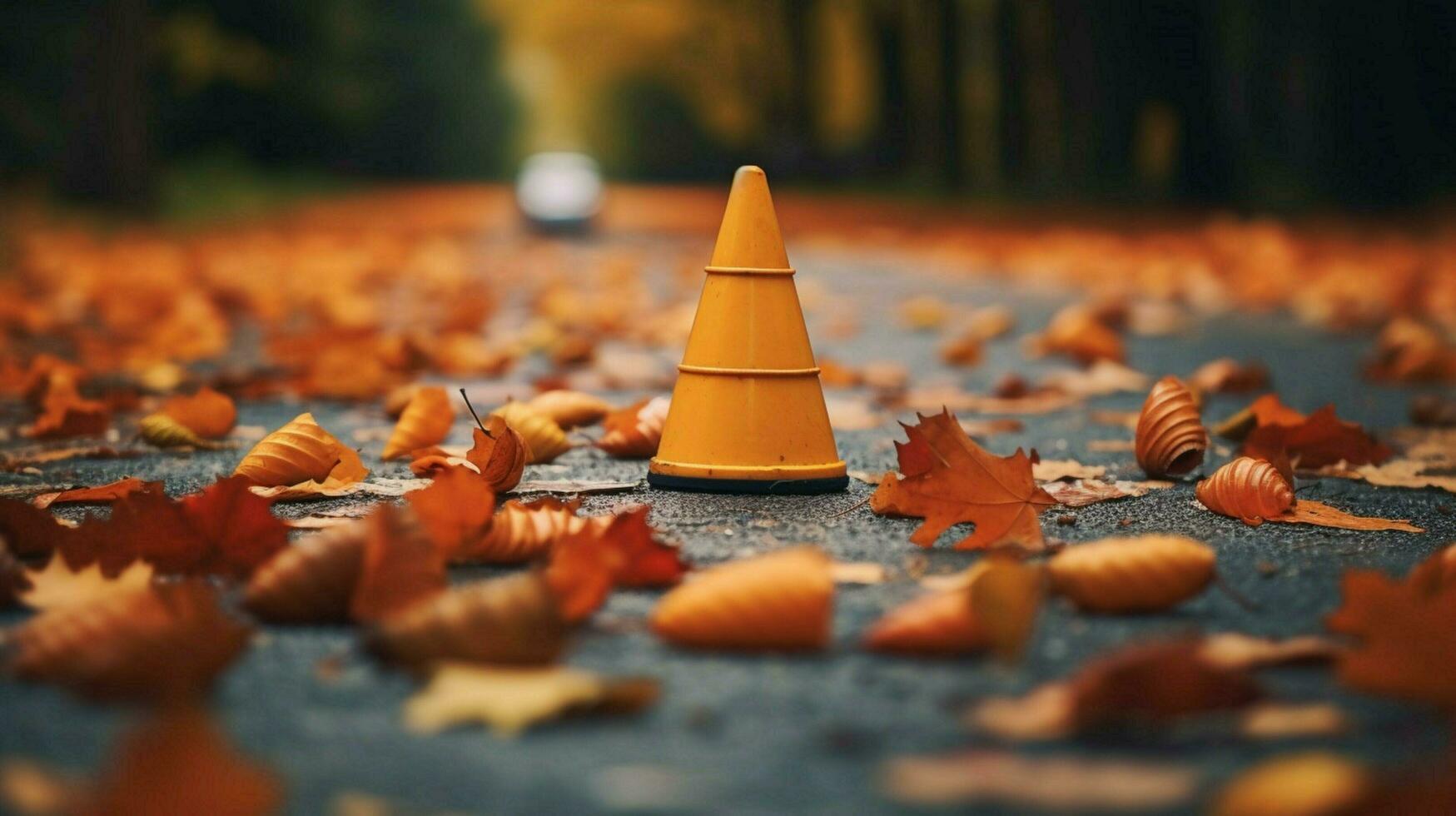 circulation cône entouré par l'automne feuilles sur une gagner photo