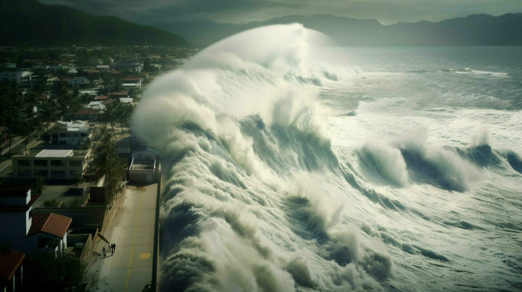 tsunami les coups littoral avec massif vague inondation photo