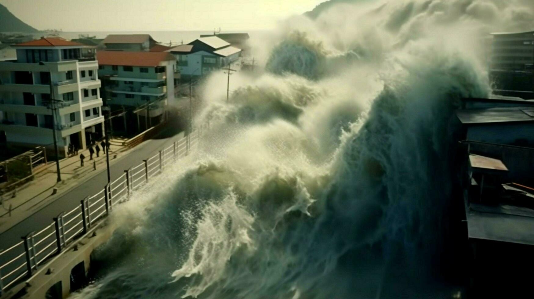 tsunami vague se bloque dans côtier ville inondation photo