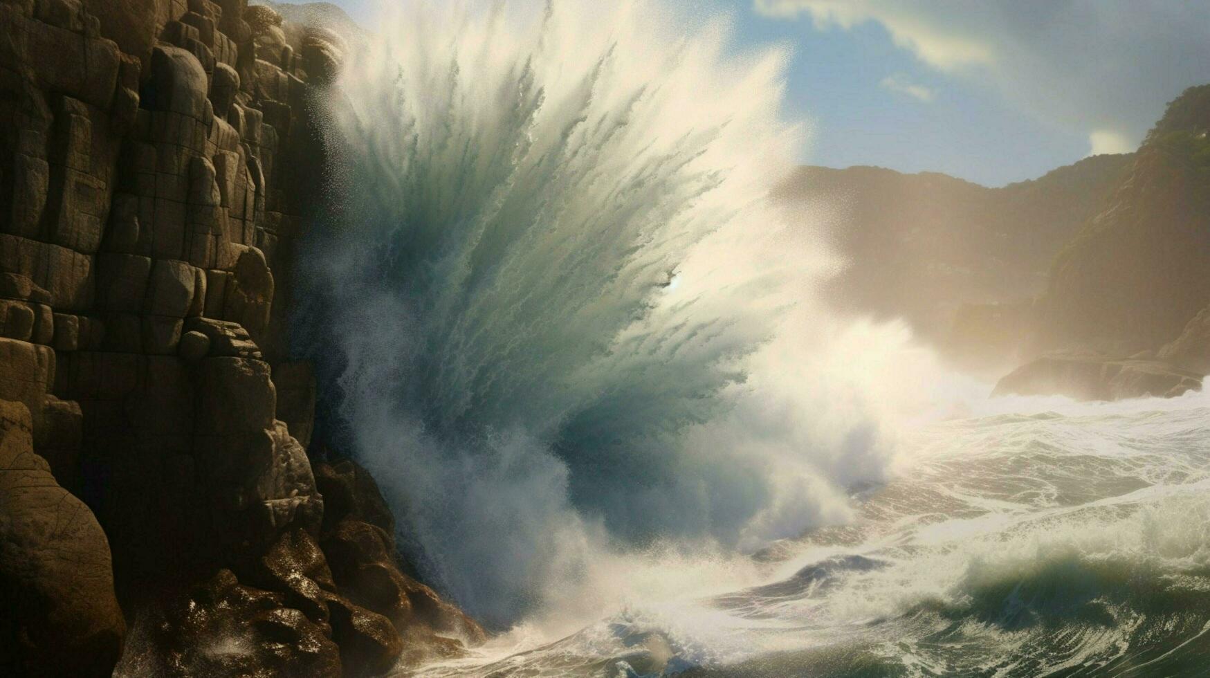 tsunami vague se bloque dans rocheux falaise avec vaporisateur photo