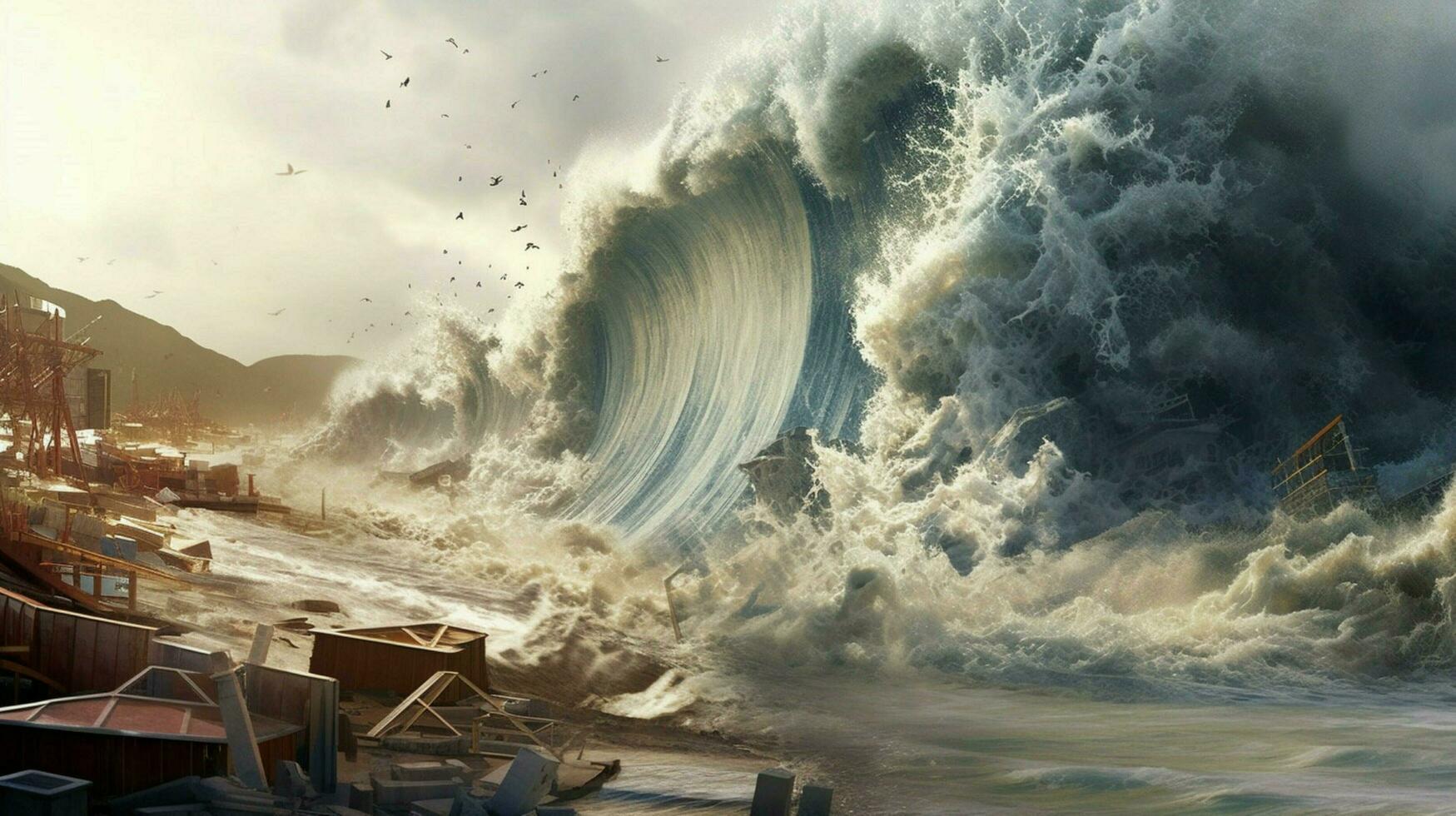tsunami vague Rouleaux sur rive apportant photo