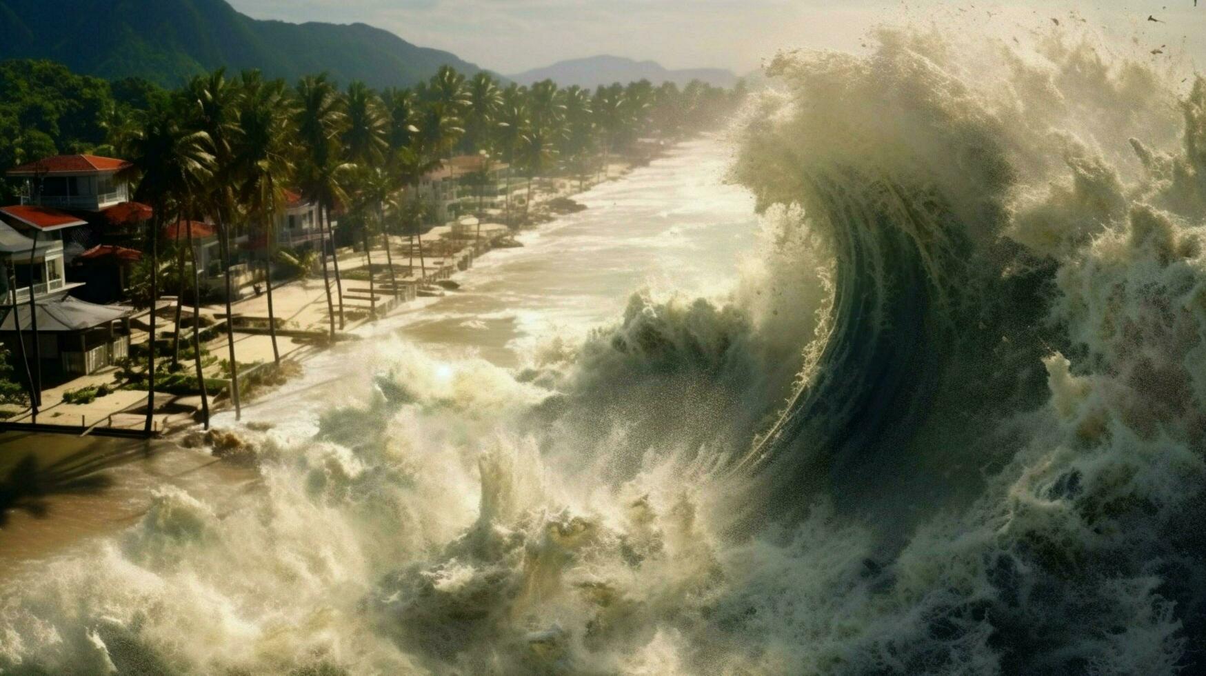 tsunami vague Rouleaux sur rive apportant photo